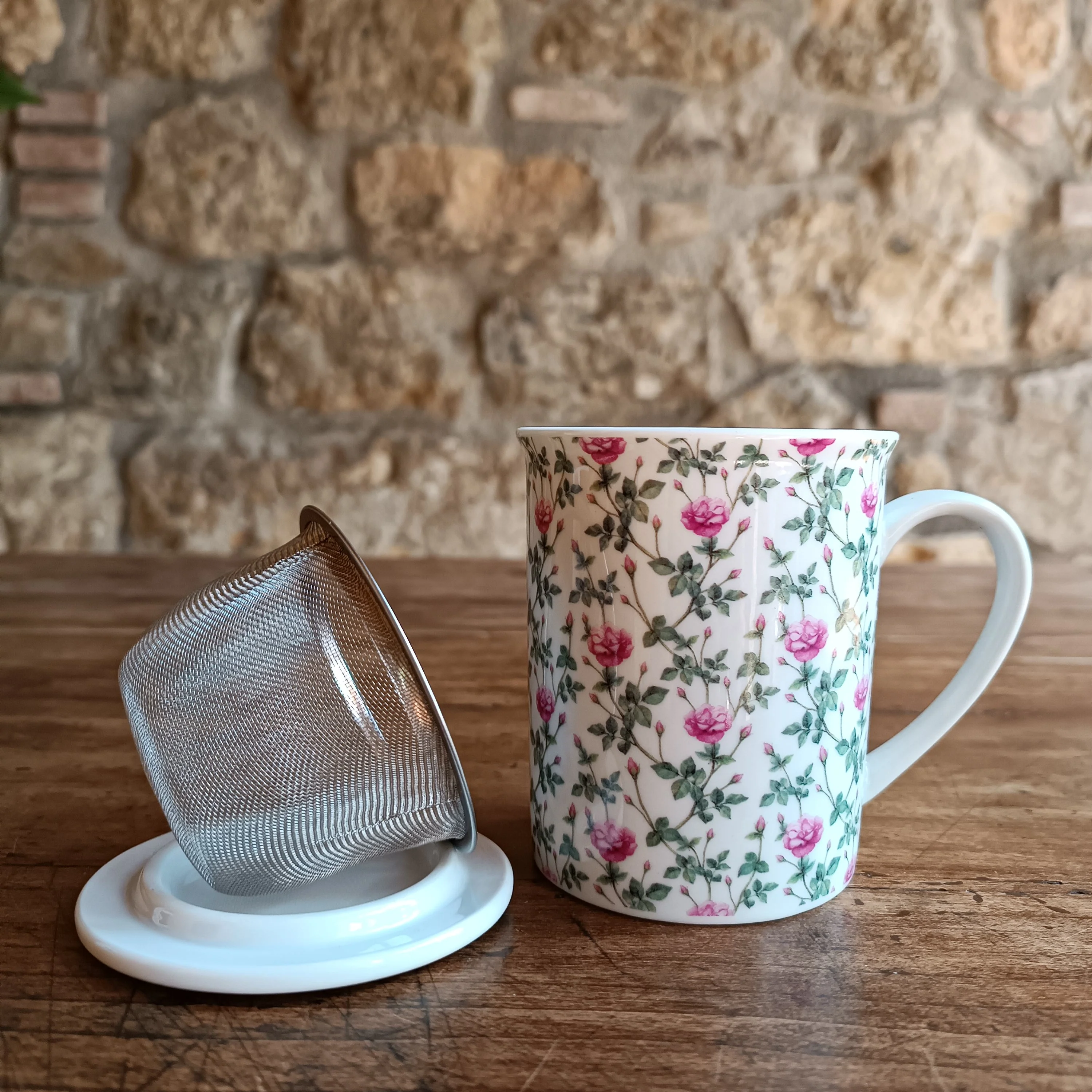 Tazza infusiera con filtro acciaio e coperchio - decorata con rose - Image 2